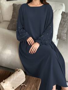 1pc Women's Daily Commute Versatile Abaya Dress With Drawstring Cuffs And Beaded Design, Suitable For Daily Outings And Friends Gatherings - Multicolor - View 15