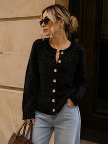 女款休閒彩色圓點前扣開襟針織外套，休閒優雅彈性面料，度假風黑色秋季款 - 黑色 - 查看 2