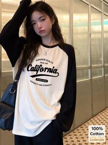 Kaos Lengan Panjang Raglan Wanita Musim Gugur, Motif Huruf, Atasan Longgar Ukuran Sedang - hitam dan putih - View 1