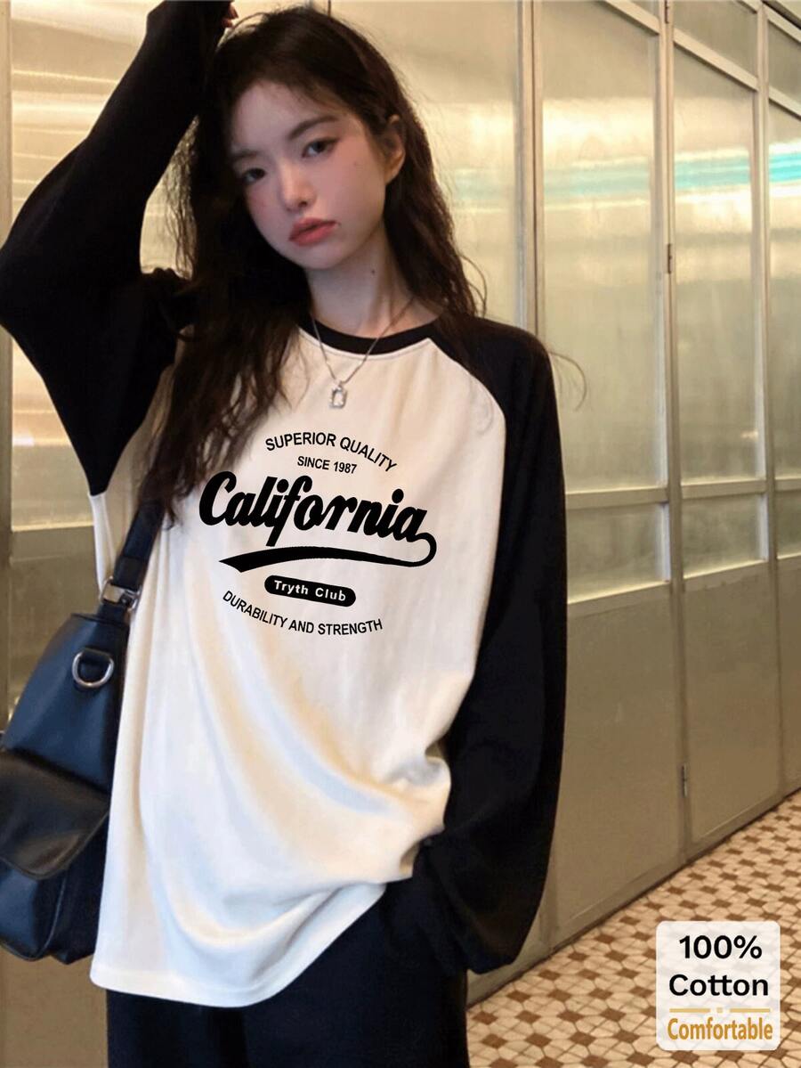 Kaos Lengan Panjang Raglan Wanita Musim Gugur, Motif Huruf, Atasan Longgar Ukuran Sedang - hitam dan putih - View 1