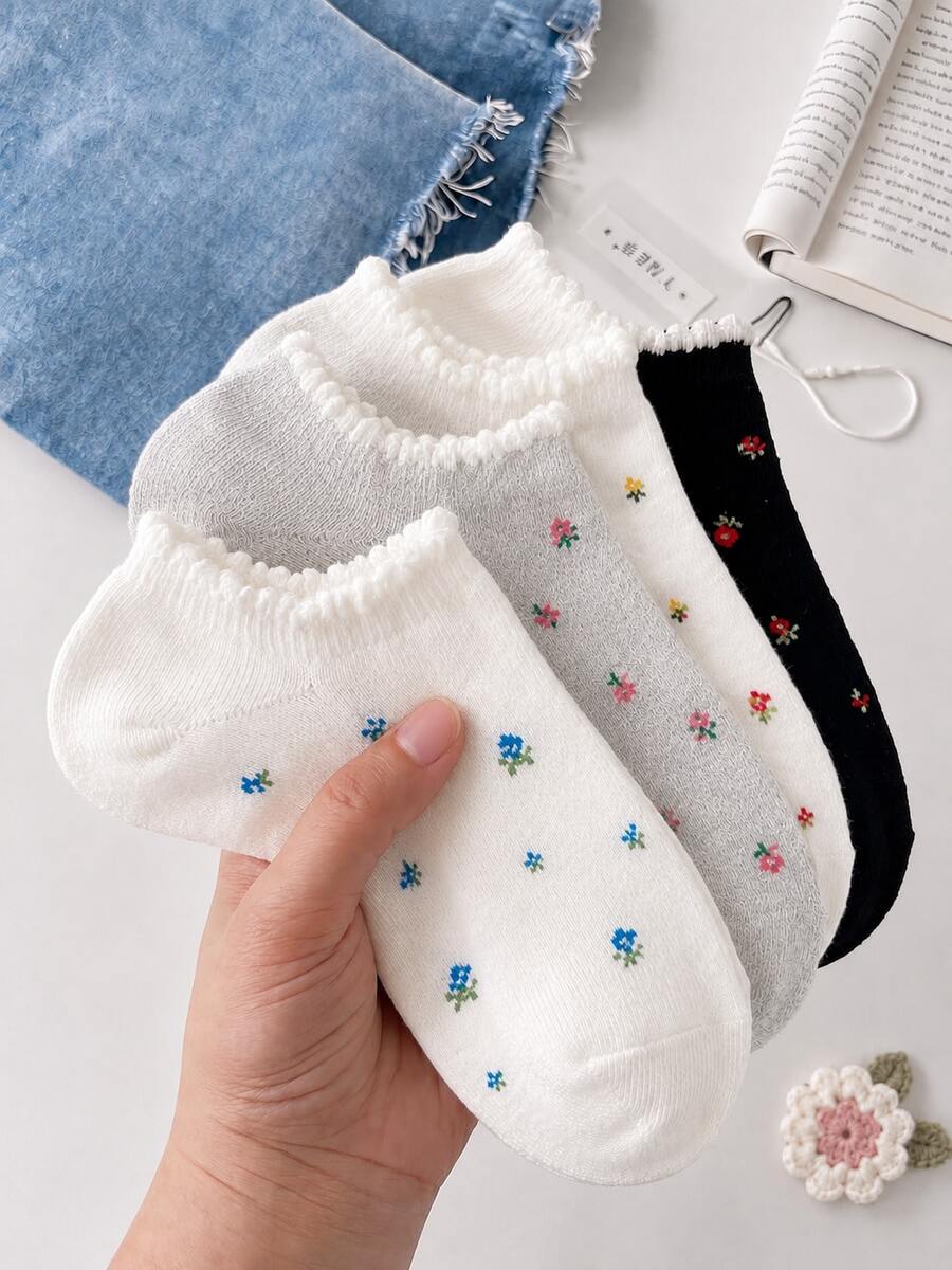 5 pares de calcetines tipo barco con estampado floral pequeño multicolor aleatorio (sin bordado), transpirables y cómodos, adecuados para todas las estaciones, colores aleatorios - Multicolor - Ver 1