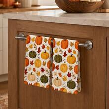 2pcs Off-White Pumpkin & Maple Leaf Pattern Kitchen Towels, Autumn Farmhouse Style Soft Absorbent Fabric Rectangular Colorful Pumpkin & Fallen Leaf Full Print Hand Towels, Suitable For Thanksgiving, Harvest Festival, Autumn Kitchen And Daily Home Decor - Multicolor - View 3