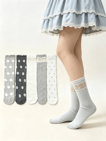 1/5 Pairs Polka Dot Lace Ruffle Mesh Patchwork Sweet Versatile Mid-Calf Socks