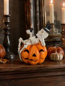 Figura de Esqueleto de Calabaza de Halloween, Esqueleto de Resina Único Recostado en una Calabaza con Cuervo Negro y Sombrero de Copa, Decoración Gótica de Mesa para Repisa, Estantería, Entrada y Fiesta de Halloween - 1PC - Ver 9