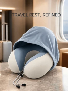 Portable Memory Foam Travel Neck Pillow With Hood, Ice Silk Touch Cover, Adjustable Drawstring, Suitable For Airplane, Car, Train And Office Nap - Multicolor - View 5