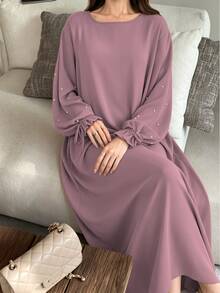 1pc Women's Daily Commute Versatile Abaya Dress With Drawstring Cuffs And Beaded Design, Suitable For Daily Outings And Friends Gatherings - Multicolor - View 35