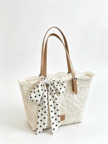 Dedoo Women's Lace Tote Shoulder Bag, Floral Hollow Lace, Polka Dot Bow Decor, Large Capacity, Fresh Pastoral Style, Suitable For Commuting, Shopping, Vacation, Spring/Summer - Multicolor - View 4