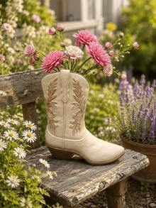 Vintage Western Cowboy Boot Resin Vase, Cream Embossed Boot-Shaped Flower Pot, Bohemian Farmhouse Dining Table Decor, Dried Flower Arrangement Container, Home Wedding Decoration - B - View 8