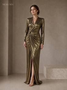 Gold Metallic Ruched Maxi Dress Women Long Sleeve Deep V Neck Draped Evening Dress Bodycon Formal Gown - 金色 - 查看 8