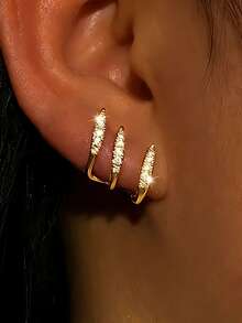 1 Pair Gold Triple Ring Stud Earrings, Textured Shiny Claw Illusion Layered Design, Minimalist Punk Exquisite Personalized Piercing Jewelry, Suitable For Women's Daily Wear And Party - Gold - View 4