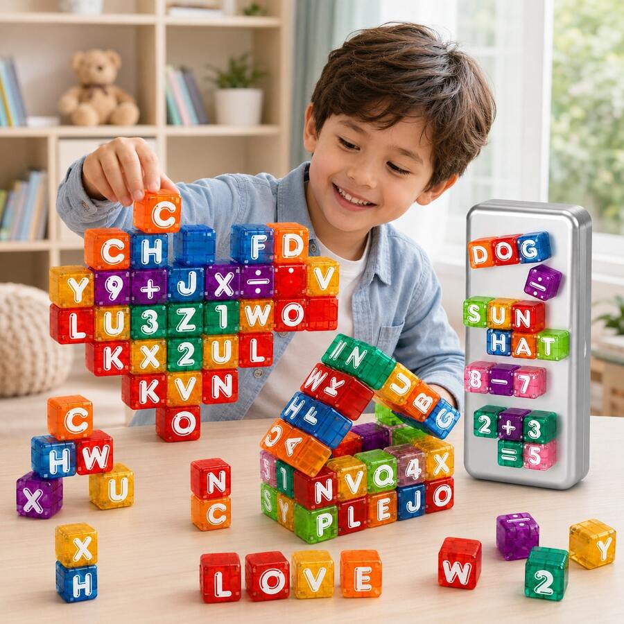 80pcs Magnetic Number & Letter Blocks Set, DIY Magnetic Cube Building Set With Storage Tin Box, STEM Learning Educational Interactive Fingertip Toy, Travel Portable Puzzle Toy, Suitable For Children's Birthday Gift, Christmas Stocking Stuffer, Back To School Gift - Multicolor - View 1