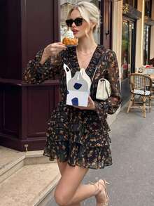 Women's Autumn French Elegant Ruffle V-Neck Layered Bell Sleeve Short Cake Dress, Casual Wear Vacation - Black - View 1