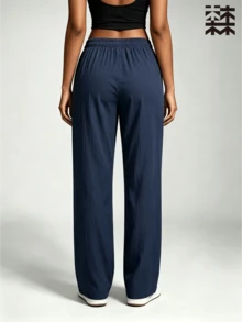mulinsen Women's Loose Wide Leg Sweatpants, Lightweight Textured Fabric With Elastic Drawstring Waist, Suitable For Gym, Jogging, Daily Wear And Home - Navy Blue - View 2