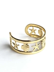 Artistic Starfish Heart Feather Leaf Flower Stripe Shape Exaggerated Thick Stackable Stainless Steel Open Adjustable Size Gold Bracelet Modern Sculpture High Street Fashion Cuff Clothing Accessory - Gold Bracelet - View 17