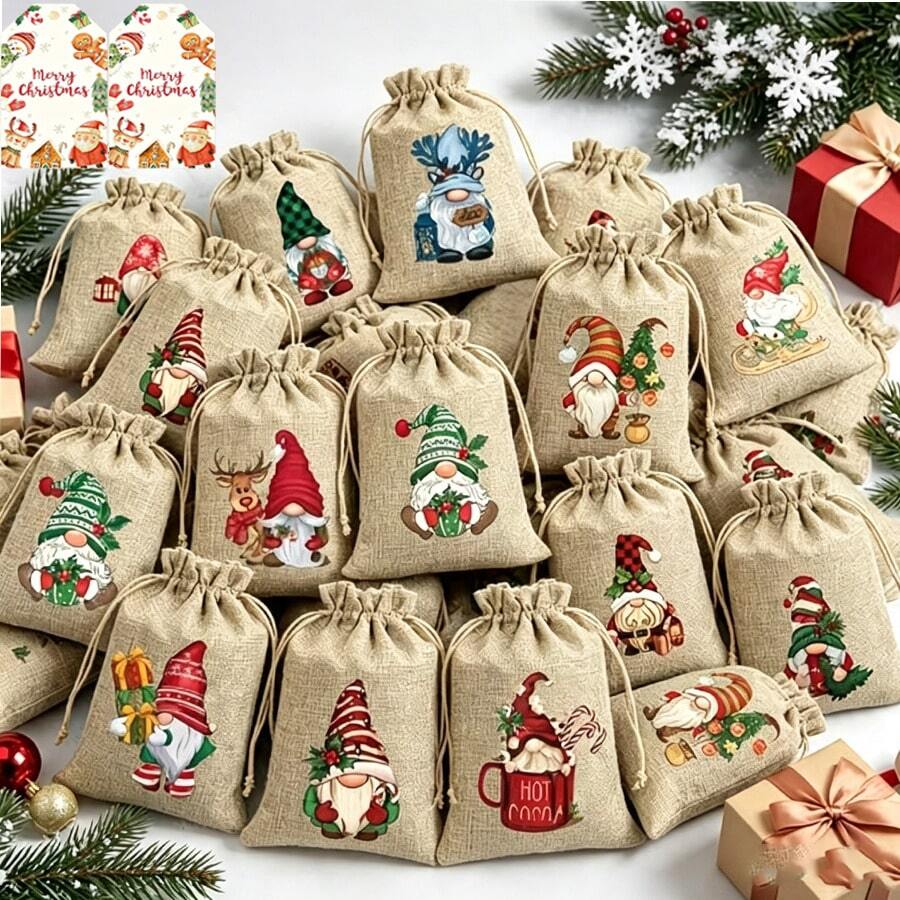 56/62/74pcs Pack Christmas Gift Wrapping Bags(With Tags), With Drawstring Closure -Suitable For Small Trinkets, Apples, Candies, Chocolates, Party Favors For &, Gift For Holiday Parties - Style E - View 1