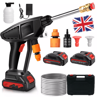24V Cordless Portable Pressure Washer Gun, 500W Powerful Motor 10000mAh Dual Rechargeable Lithium Batteries Handheld Wireless Jet Cleaner With 0°/40° Spray Nozzles Foam Bottle 5m Water Pipe Hard Carry Storage Box, Battery Powered Car Pressure Washer