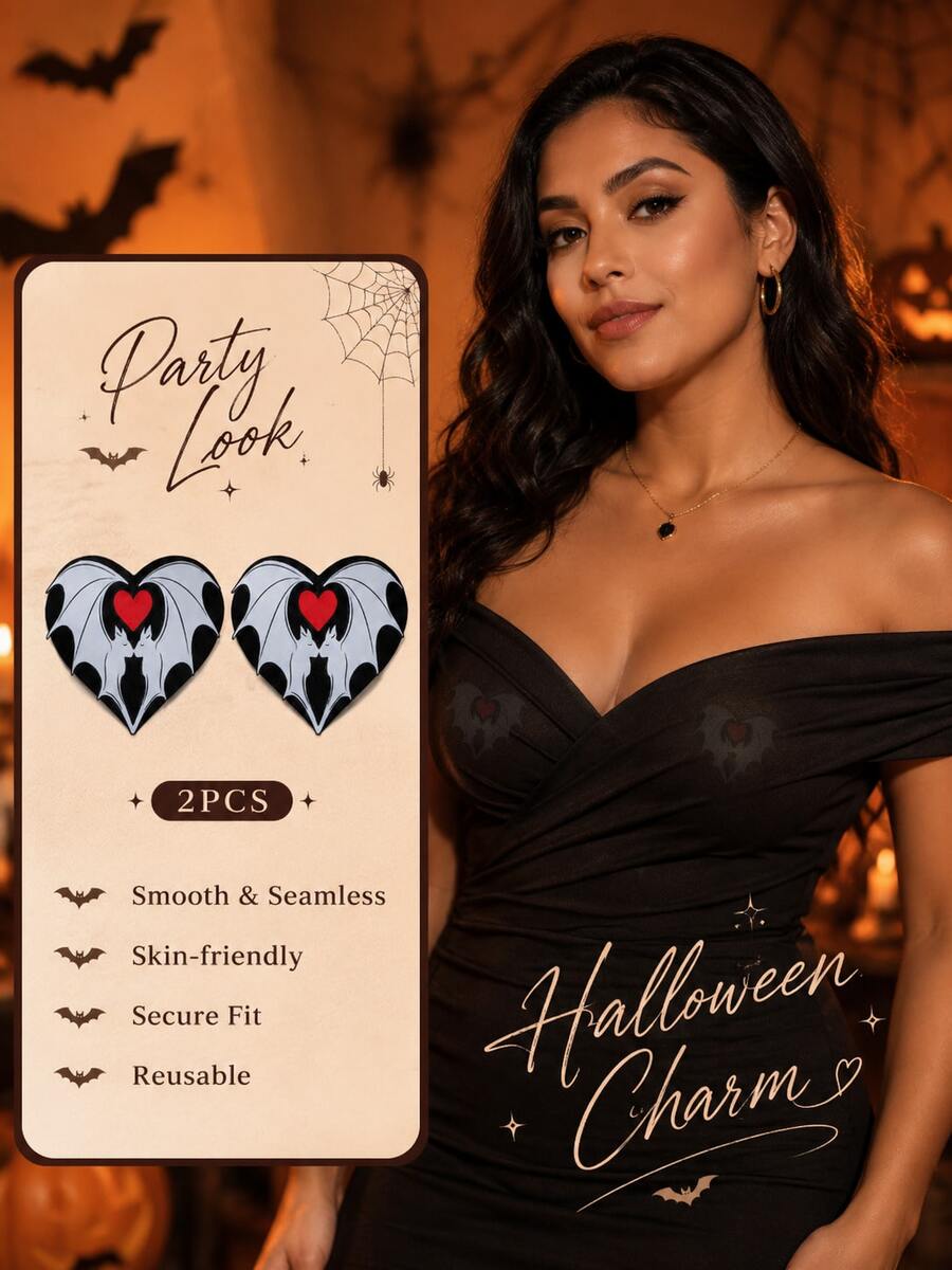 2pcs Halloween Bat Heart Nipple Covers, Scary Gothic Red Heart Breast Stickers, Self-Adhesive Party Chest Stickers For Women - Multicolor - View 1