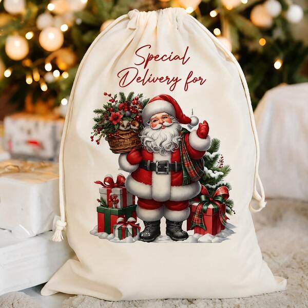 Stunning Vintage Santa Claus Gift Bag, Christmas Watercolor Style Drawstring Pouch, Elastic Drawstring Design For Easy Closing And Storage, Suitable For Christmas Gifts, Themed Parties, New Year Gatherings, Making Holiday Gifts More Memorable