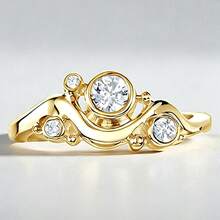 1pc Minimalist Asymmetrical 14K Gold Plated Wave Curve Round Geometric Couple Ring For Women And Men, Lightweight Luxury Synthetic Cubic Zirconia Elegant Decorative Finger Ring, Engagement Gift Jewelry - Yellow - View 11