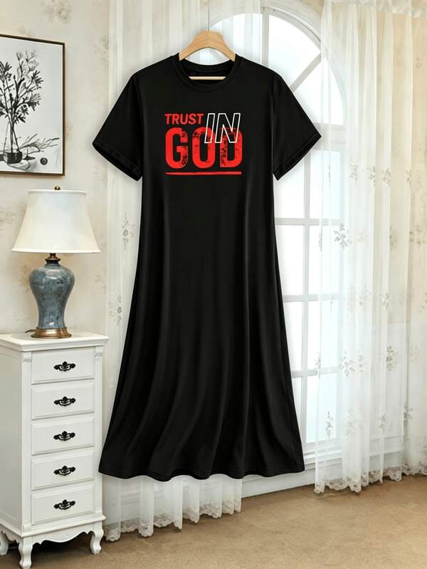 Plus Size Casual Summer Dress Graphic Letter Print Short Sleeve Plus Size Dress Versatile Elegant Daily Wear QE5Z