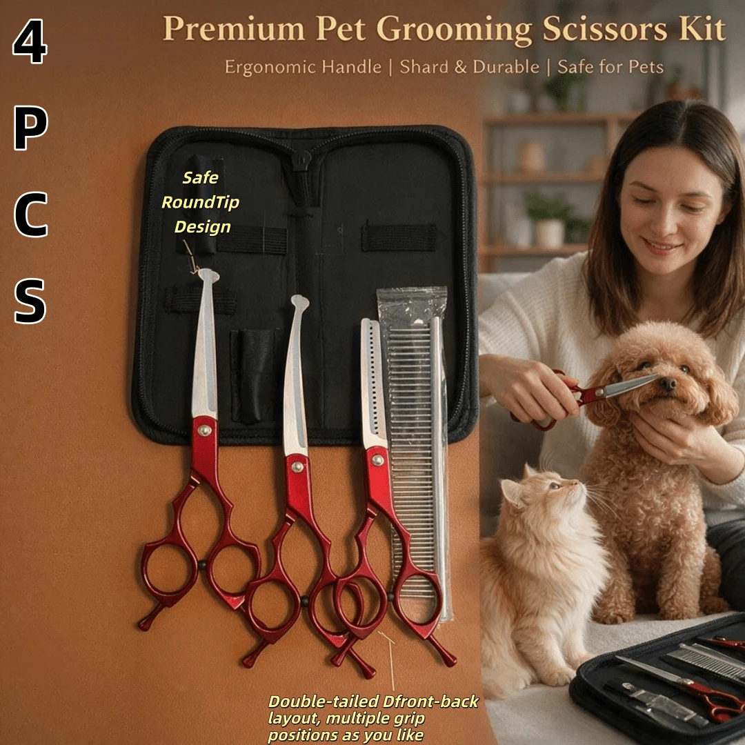 4pcs Professional Pet Grooming Scissors Set/Dog Cat Hair Trimming Tools/Curved Scissors/Straight Scissors/Teeth Scissors Pet Hair Trimming Scissors/Pet Scissors - View 1