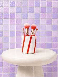 1pc Striped Makeup Brush Holder, Ceramic Texture Cosmetic Storage Box, Makeup Tool Display Rack, Vanity Desktop Organizer, Suitable For Bathroom Countertop, Dorm, Home Decor - Diagonal Ripple - View 7