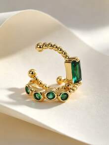 Anting Jepit Telinga Tembaga Berlapis Emas 18K dengan Batu Zamrud dan CZ, Anting Jepit Telinga Manik-Manik Tanpa Tindik, Perhiasan Telinga Vintage yang Dapat Ditumpuk untuk Wanita, Pesta Sehari-hari - Emas - View 7