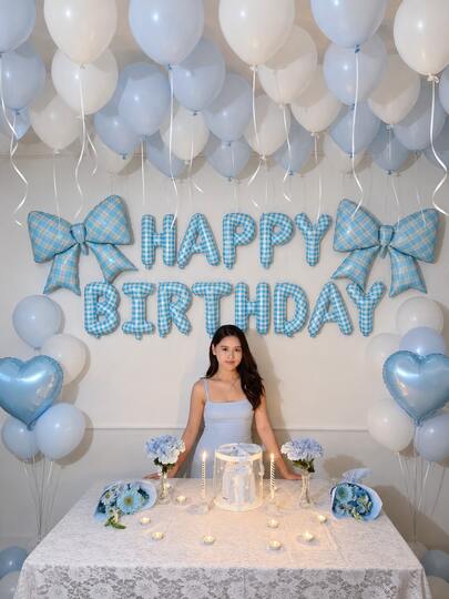52pcs Blue & White Plaid Birthday Balloon Set, Includes Happy Birthday Plaid Blue, Blue Plaid Bow Foil Balloons, Suitable For Girls/Boys Birthday Party, First Birthday, Adult Ceremony, Indoor/Outdoor Decoration, Blue Theme Birthday Party And Other Occasions