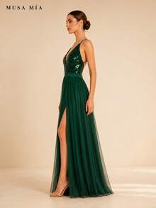 Dark Green Sequin Tulle Slit Maxi Evening Dress - 綠色 - 查看 3