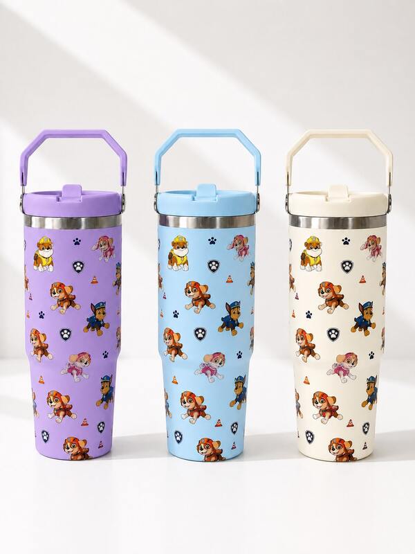 1pc 30oz/900ML Paw Patrol Cartoon Insulated Tumbler, 304 Stainless Steel Large Capacity Cup, Portable Flip Lid Straw Water Bottle, Cold And Hot Beverage Cup For Kids, Students, Car, Travel, School, Office, Outdoor, Back To School, Gift For Friends, Family, Holiday, Birthday (Includes Straw), Ideal Christmas/Halloween Gift, All Season Use, Vacuum Flask And Insulated Bottle, Water Bottle, Tumbler, Travel Mug