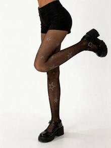 1/3 Pairs Women's Summer Sheer Pantyhose, Rhinestone Star Pattern Sexy Stockings, Street Style Charming Sexy Base Layer Long Socks - Black - View 6