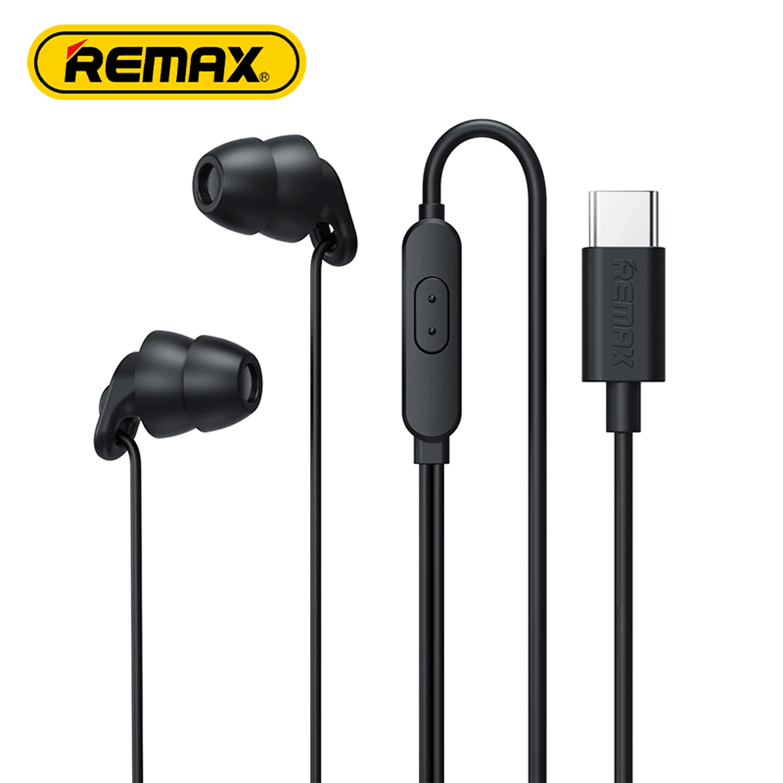 REMAX 1.2m Type-C 有線入耳式耳機，HiFi 動圈麥克風，一體式矽膠材質，隔音耳塞，降噪與低音增強，黑色