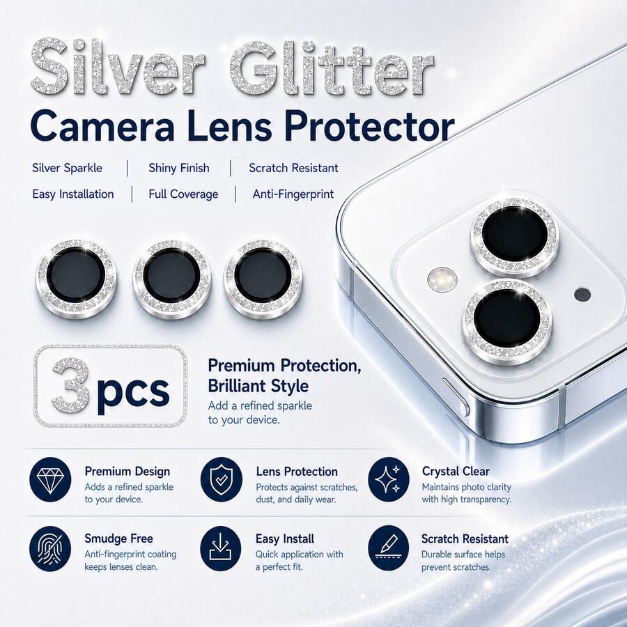 1 Set (3 Pieces) Glitter Camera Lens Protector Film Compatible With IPhone 17/16/15/14/13/12/11 Pro Max, [Anti-Drop][Compatible With Phone Case][Easy To Install] Camera Screen Protector Film Accessory - Silver - View 1