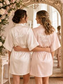 Bata de novia de satén personalizada, diseño de media manga, bata de dama de honor y novia personalizada, bata de satén personalizada, bata de dama de honor para prepararse, bata de fiesta de boda, talla M/L/XL/XXL - Multicolor - Ver 2