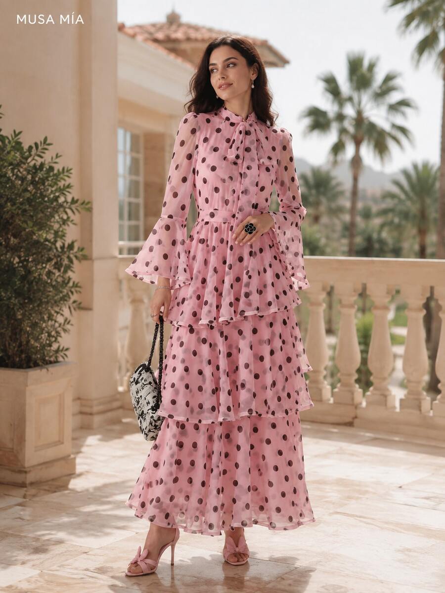 Pink Polka Dot Chiffon Maxi Dress, High Neck Bow Detail Long Sleeve Tiered Ruffle Dress For Women - 粉色 - 查看 1