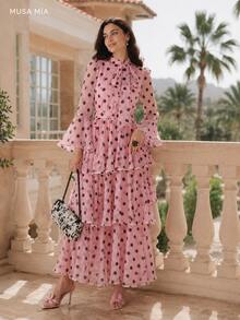 Pink Polka Dot Chiffon Maxi Dress, High Neck Bow Detail Long Sleeve Tiered Ruffle Dress For Women - 粉色 - 查看 6