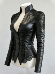 Women's Elegant Black PVC Leather Jacket With Lace Trim, Long Sleeve Stand Collar Regular Fit Coat For Casual And Goth Styles - Black - View 10