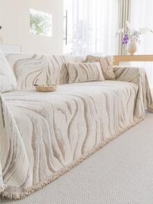 1pc Minimalist Neutral Beige Marble Wave Chenille Sofa Throw, With Tassel Edge, Abstract Texture Sofa Cover Blanket, Non-Slip All-Season Universal Sofa Slipcover, Pet-Friendly Machine Washable Furniture Protector, Living Room Home Decor - Khaki - View 7