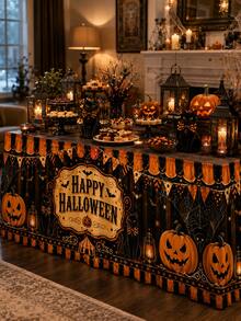 1件黑色桌布，印有Happy Halloween標誌、橘色三角旗與南瓜圖案，秋季派對聚酯纖維荷葉邊桌布，餐廳家庭節日裝飾 - 彩色 - 查看 3