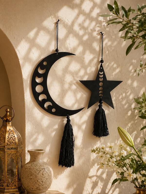 1pc/2pcs Moon Phase Hollow Crescent Moon & Star Tassel Hanging Decor, Saudi National Day Decoration, Islamic Celestial Pendant, Vintage Arabic Style Indoor Bedroom Wall Decor, Religious Festival Background Decoration