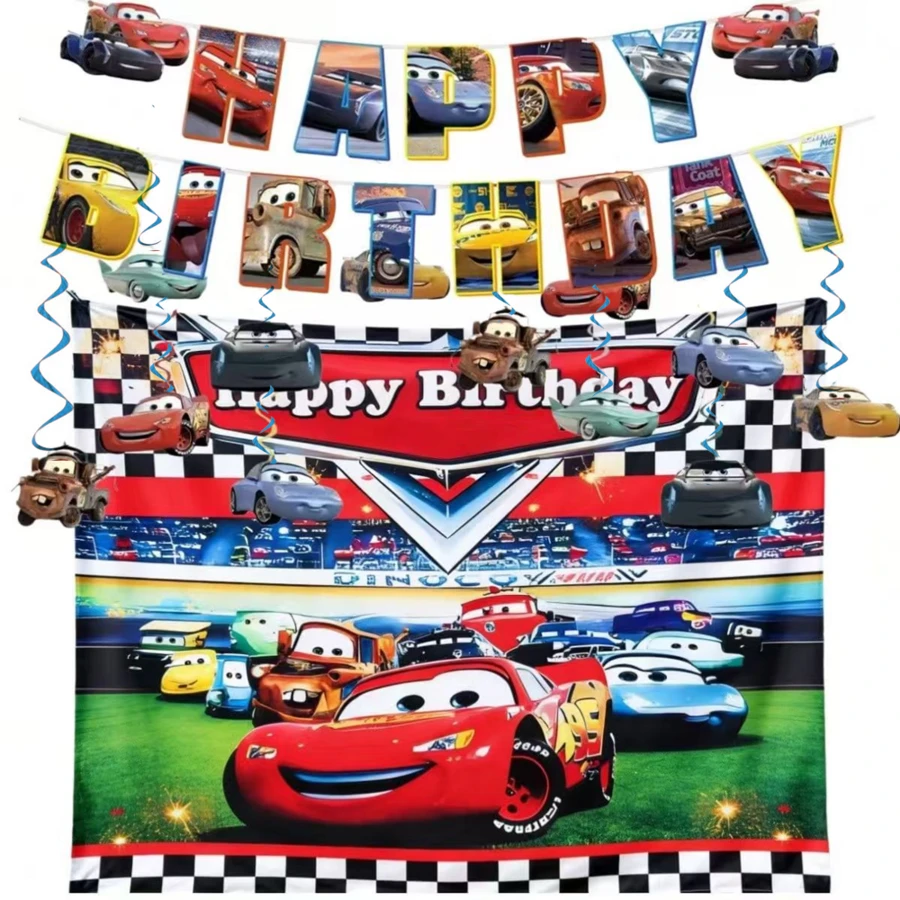 Hasbro Red Cars Theme Birthday Party Banner, Cake Toppers, Background Decoration Supplies - View 1