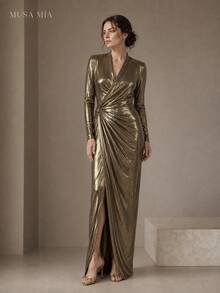 Gold Metallic Ruched Maxi Dress Women Long Sleeve Deep V Neck Draped Evening Dress Bodycon Formal Gown - 金色 - 查看 2