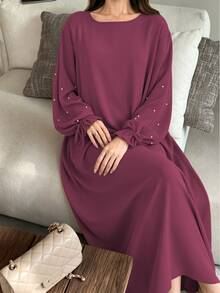 1pc Women's Daily Commute Versatile Abaya Dress With Drawstring Cuffs And Beaded Design, Suitable For Daily Outings And Friends Gatherings - Multicolor - View 3