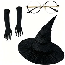 Halloween Evil Witch Costume Set, Witch Hat, Witch Glasses, Witch Gloves 3 Pieces Set - Monochrome - View 3