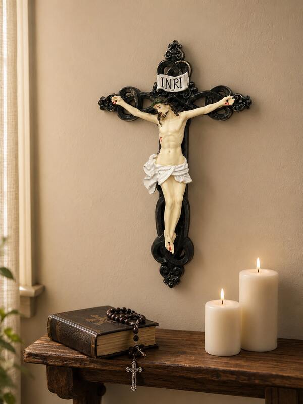 Crucifijo de pared de Jesús, cruz católica de resina individual con marco negro ornamentado y detalle INRI, decoración religiosa de pared para sala de oración, dormitorio, sala de estar, iglesia y altar del hogar