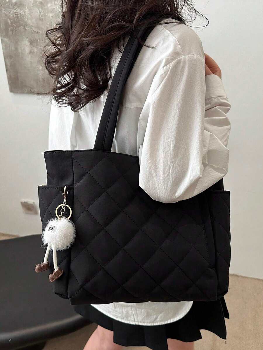 New Fashion Large Capacity Quilted Rhinestone Design Double Handle Shoulder Tote Bag, Lightweight And Portable, Women's Wallet, Suitable For Outdoor Travel In Summer, Decorated With Animal Pendants, Travel Essential Backpack, Literary School Bag For Teens, Book Bag For Women Or Students, Back To School Bags, Waterproof, Foldable, Classic Casual, Suitable For Teen Girls Women College Students, Perfect For Back To School, First Day Of School, Middle School, High School, Tote Bags For School,College Essentials, New Fashionable Big Bags For Women - 黑色 - 查看 1