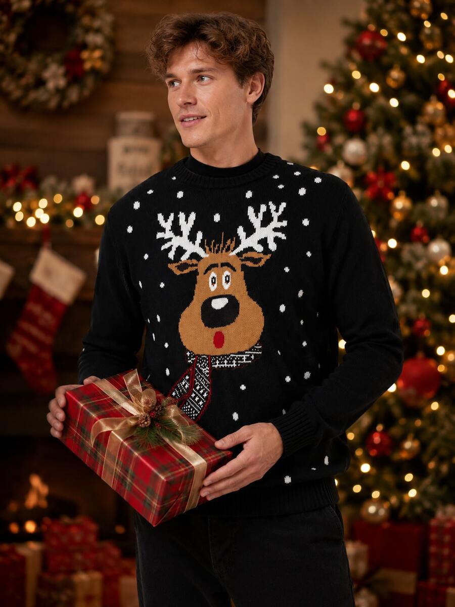 Men's Fashion Christmas Holiday Knit Pullover Sweater - Black - View 1