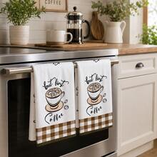 2pcs "But First Coffee" Coffee Themed Kitchen Towels, Coffee Cup Print Brown & White Plaid Decorative Hand Towels, Vintage Country Dish Cloths, Suitable For Kitchen, Coffee Corner, Oven Handle And Home Decor 4/6/8/Pcs Set - Multicolor - View 5