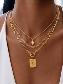 3pcs/Set Gold Tone Women's Layered Necklace, Vintage Rectangular Letter Pendant, Paperclip Chain & Star Pendant, Suitable For Daily, Commute And Party - Gold - View 1