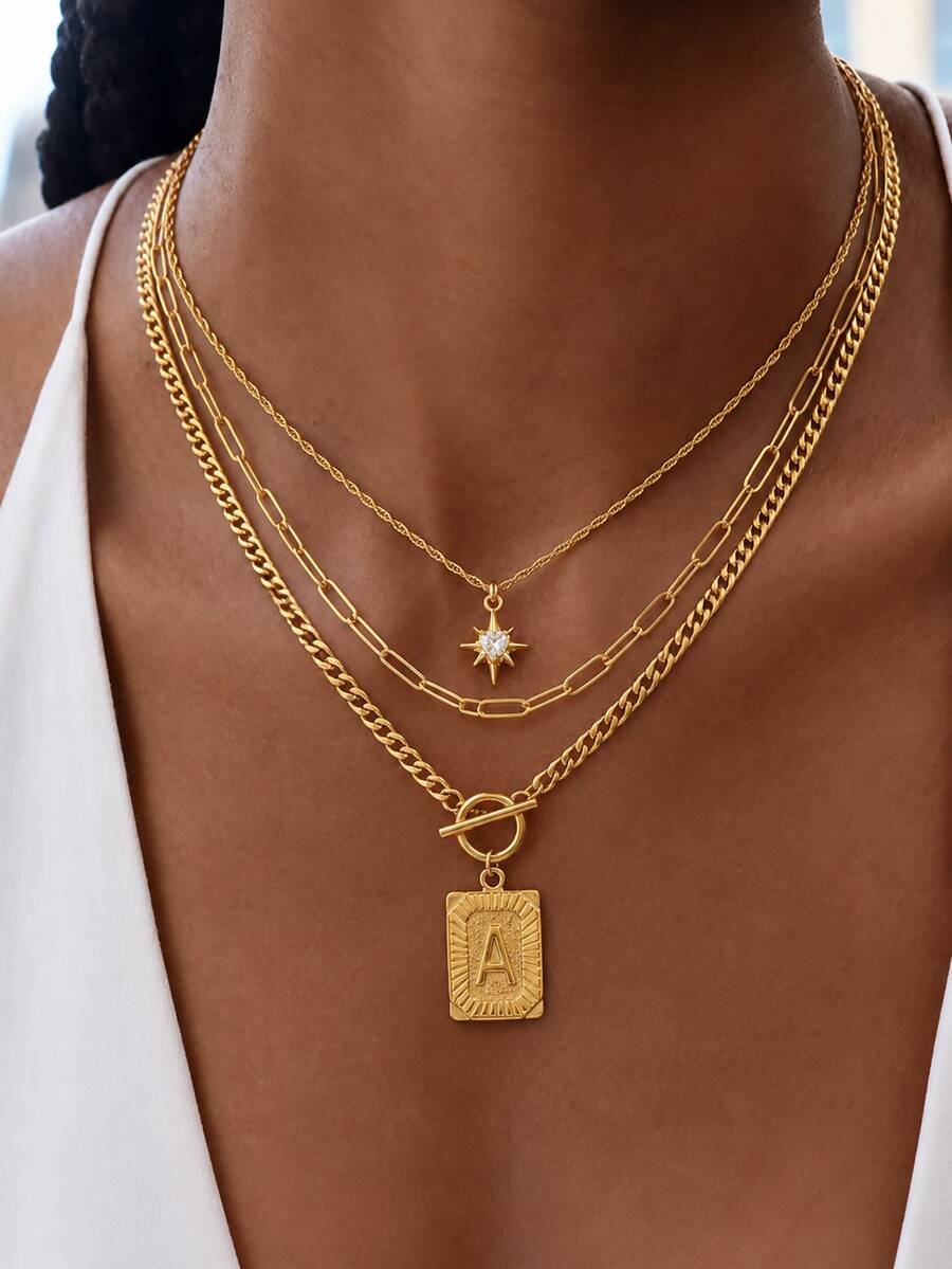 3pcs/Set Gold Tone Women's Layered Necklace, Vintage Rectangular Letter Pendant, Paperclip Chain & Star Pendant, Suitable For Daily, Commute And Party - Gold - View 1